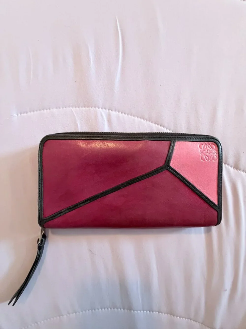 Loewe Puzzle Zip-Around Wallet Geometric Patchwork Bordeaux Pink Black Leather